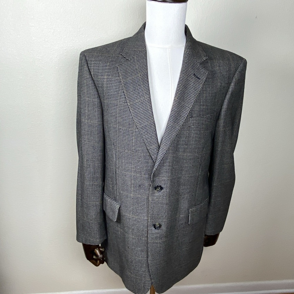 Jos A Bank 42R Silk Wool Sport Coat Black Cream Houndstooth Windowpane Sp Coat